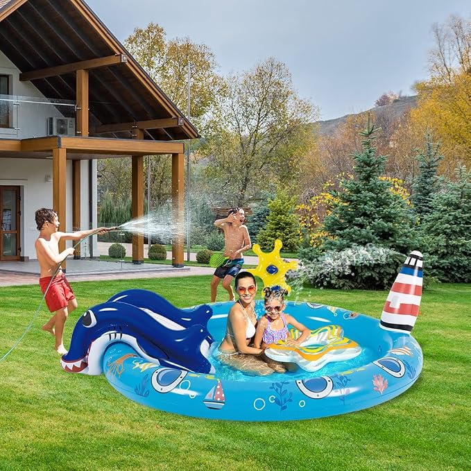 Kiddie Pool with Slide Inflatable Play Center Wading Lounge Kids Pool, Marine Life Sprinkler, Water Game Play Center for Kids 80" x 60" x 25"