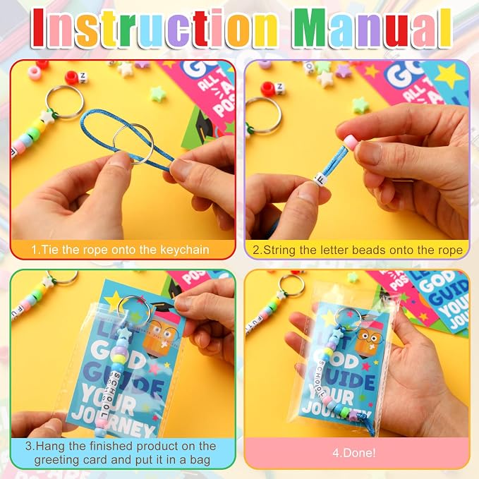 Suncalla 984 Pcs 24 Set Religious Graduation Keychain Craft Kit DIY Christian Congrats Grad End of Year Gift Keychain Making Kit Adjustable Bead Letter Beads Cards String for Blessings Party Supply
