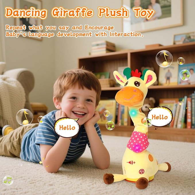 LUKETURE Dancing Talking Giraffe Toy Stuffed Plush, Cute Interactive Talking Giraffe Gift for Girls Boys Kids, Musical Baby Toys Singing 10 Children's Song Repeats What You Say