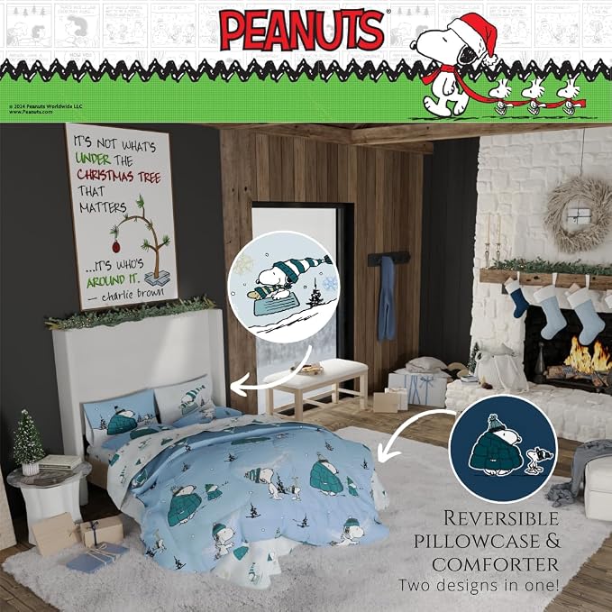 Collectibles Peanuts Snoopy Puffer Holiday & Christmas Bedding Super Soft Comforter and Sheet Set with Sham, 7 Piece Full Size (Officially Licensed Product) By Franco