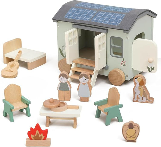 Youuys Wooden Dollhouse Camping Recreational Vehicle - Portable Playhouse Set with 2 Dolls, Pretend Camping House with Smooth-Rolling Wheels, Ready to Play Toy Gift for Boys Girls Kids Age 18M 13PCS