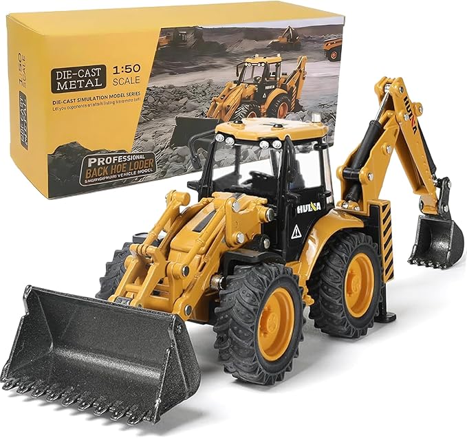 Excavator Backhoe Toys, 1/50 Metal Die-cast Excavator Front Loader Bulldozer Construction Vehicle Model Decoration Gifts for Kids Grandkids Christmas Birthday