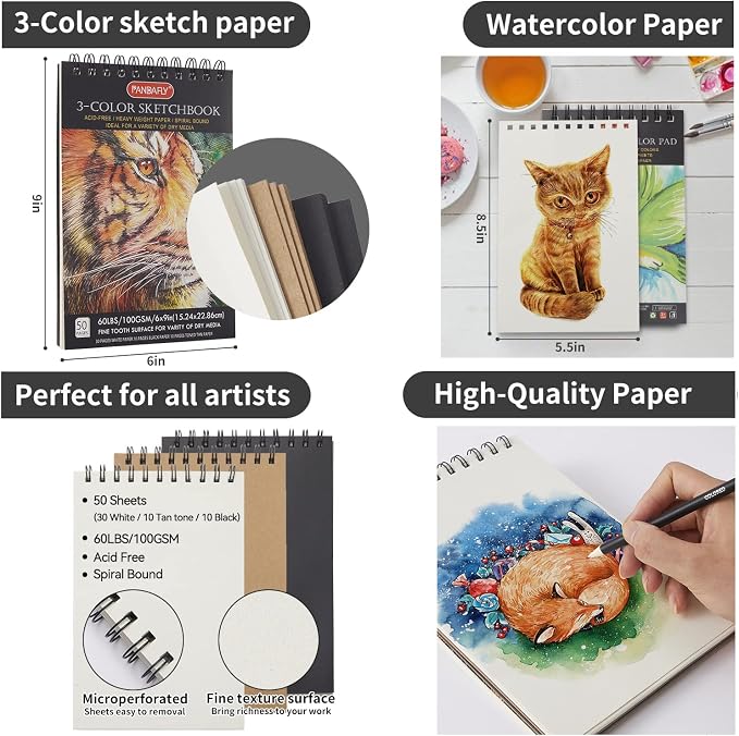 PANDAFLY 80 Drawing Set Sketching Kit, Art Supplies with 3-Color Sketchbook & Watercolor Paper, Include Tutorial, Colored, Graphite, Charcoal, Watercolor & Metallic Pencil, for Beginners & Pro Artists