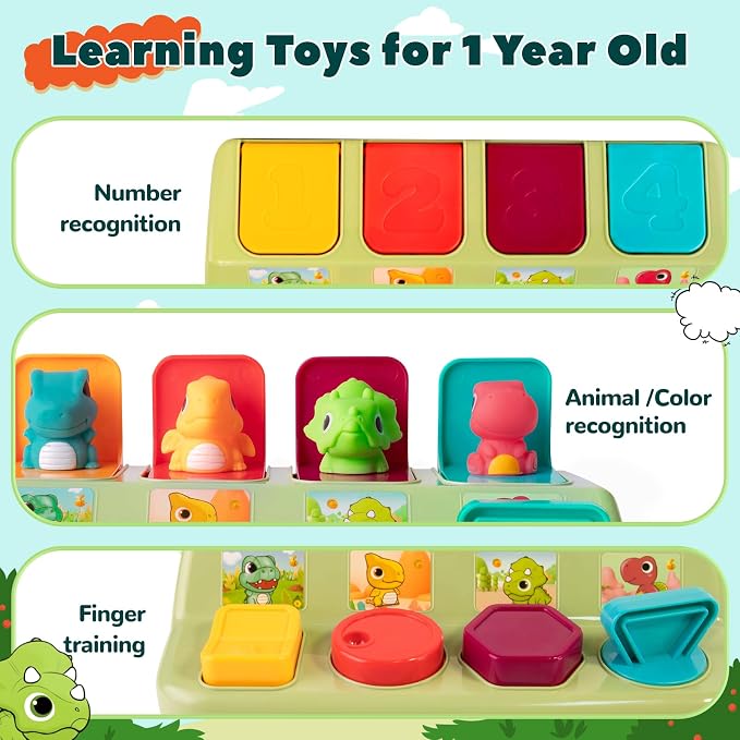 Cause & Effect Pop Up Dinosaur Montessori Sensory Toy for Toddlers 1-3, Early Learning Toys for 6-12 Months, Boy & Girl Birthday Gifts