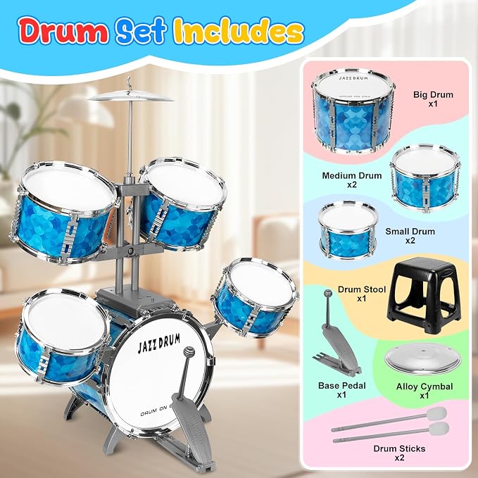Kids Drum Set 5 Piece Drums Set for Toddlers 3-5, Toddler Drum Set 5-7 Musical Instrument Toys Percussion Birthday for 3 4 5 6 7 8 Years Old Kid Girls Boys