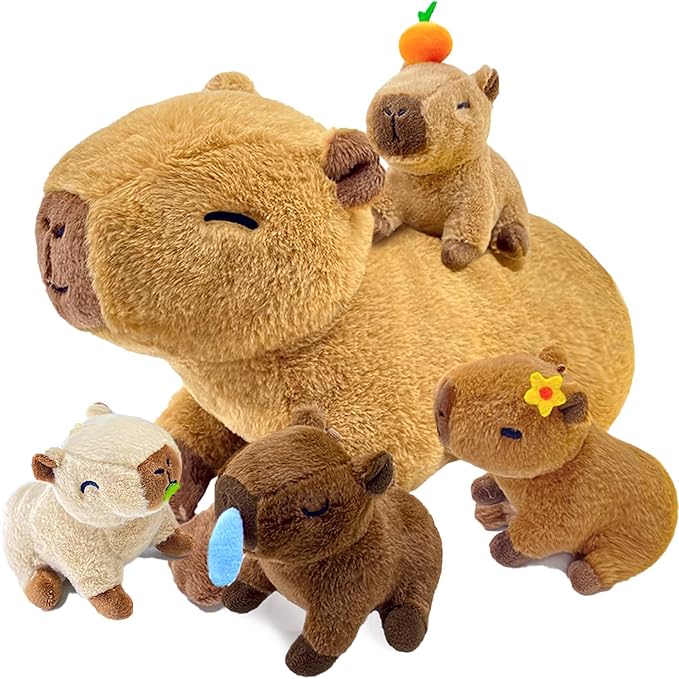 Capybara Plush，Cute Capybara Mommy Stuffed Animal with 4 Baby Capybara Plushies in Tummy，Kawaii Capybara Plush Toy Gift for Kids Girls Boys