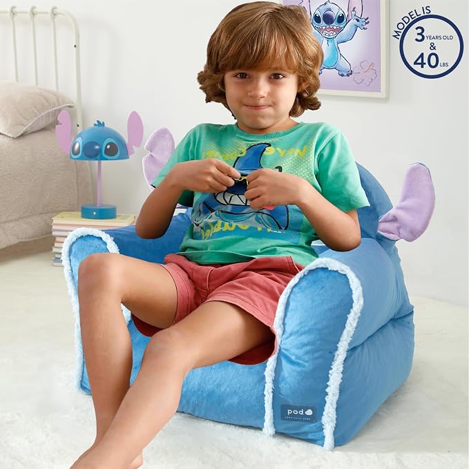 Disney Stitch Figural Bean Bag Sofa Chair with Armrests, Soft & Comfortable Kids Lounge Chair for Bedroom & Playroom, Ages 3+