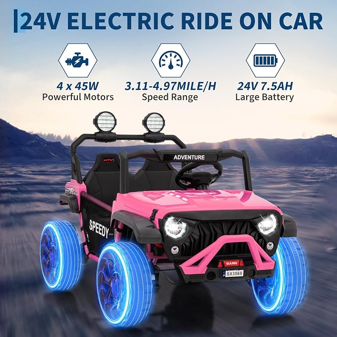 2 Seater Ride on Car for Kids, 24V Ride on Toy, Fast 4.97MPH Truck, 4WD Kids Electric Vehicles with Remote Control, Spring Suspension, Front & Behind LED Lights, Dual Storage, 3 Speeds, Music, Pink