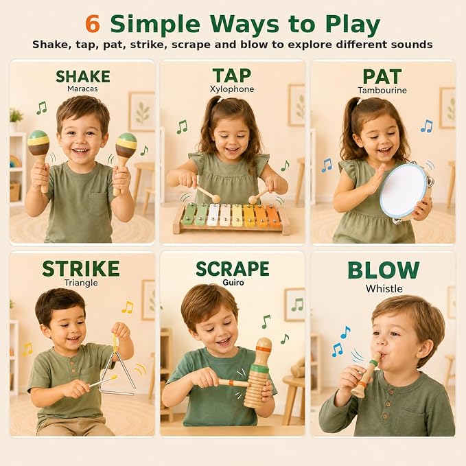 Wooden Musical Instruments Set for Toddlers 3+, Montessori Music Toys with Xylophone, Maracas & Tambourine, Soft Sound Indoor Percussion Toys, Early Learning Gift for Boys Girls