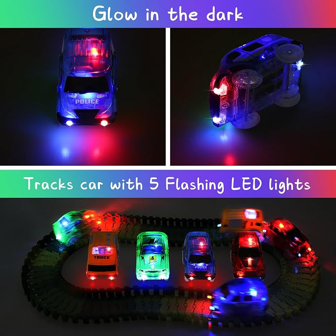 Tracks Cars 4PCS Magic LED Light-up Track Car Replacement Only,Flex Race Cars Glow in the Dark with 5 Flashing LED Lights Fits Most Tracks,Perfect Car Toys for 3-8 Kids,Boys&Girls