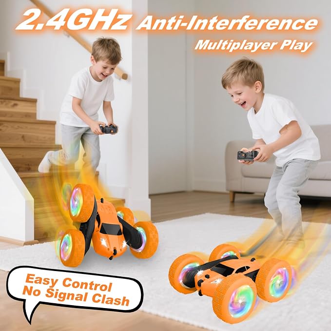 Remote Control Car, Outdoor Toys RC Cars for Kids Ages 6-12, 4WD Double Sided Stunt Vehicle with Upgraded USB-C Modular Batteries, 5 6 7 8 9 10+ Year Old Boy Birthday Orange