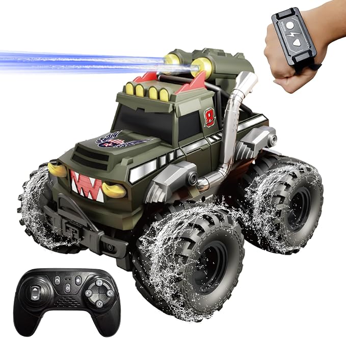 Dual Remote Control RC Car with Magic Gesture Wristband & 40+ Min Play, 1:18 Fully Submersible Waterproof All Terrain 4WD Monster Truck, Amphibious Toy Crawler Gift for Boys Girls Ages 6-12-Green