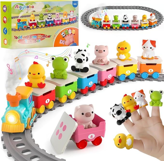 Farm Animal Train Toys for Toddlers 2-4, Kids Electric Train Set with Music, Steam & Lights, Montessori Learning Toys with Finger Puppets, Christmas Birthday Gifts for Boys Girls Age 18 Months+