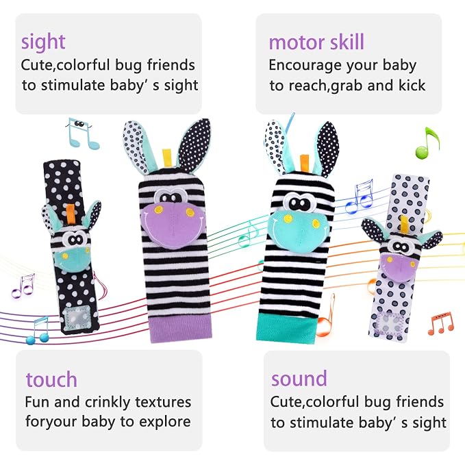 PADONISE Wrist Rattles for Babies Rattle Socks Wrist Strap Rattles Set Cartoon Socks Cute Animal Baby Sensory Development Toys 1-3 Years Early Educational Toys for Toddlers Baby Shower Gifts