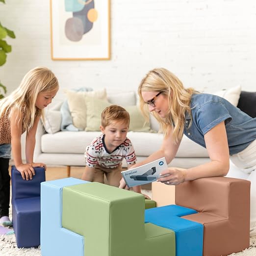 ECR4Kids SoftZone Brainy Building Blocks Puzzle Set, Beginner Playset, Earthtone, 7-Piece