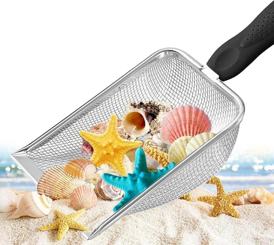 Beach Mesh Shovel for Shell Collecting, Stainless Steel Sand Sifter Scoop for Kids, Sand Scooper Beach Toy for Seashells, Shark Teeth, Sea Glass & Treasure Hunt, Black