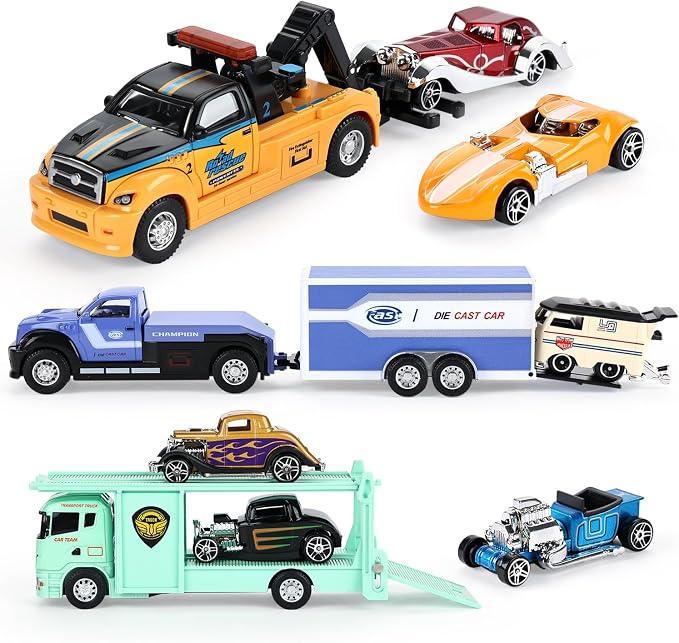 haomsj Car Toys for Kids 9 PCS Playsets Tow Truck Toy and City Carrier Vehicle,Transport Truck with Die Cast Metal Racing Cars for Boys and Girls Age 3-5 Years