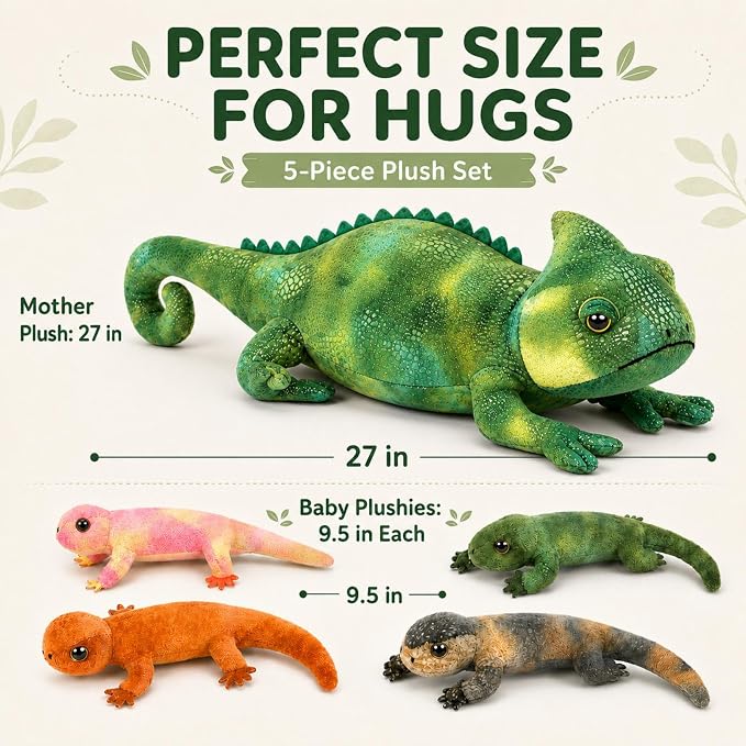 Green Lizard Plush, 27-Inch Mother Iguana Stuffed Animal with 4 Baby Lizard Plushies, 5-Piece Soft Giant Reptile Toy for Kids Gifts
