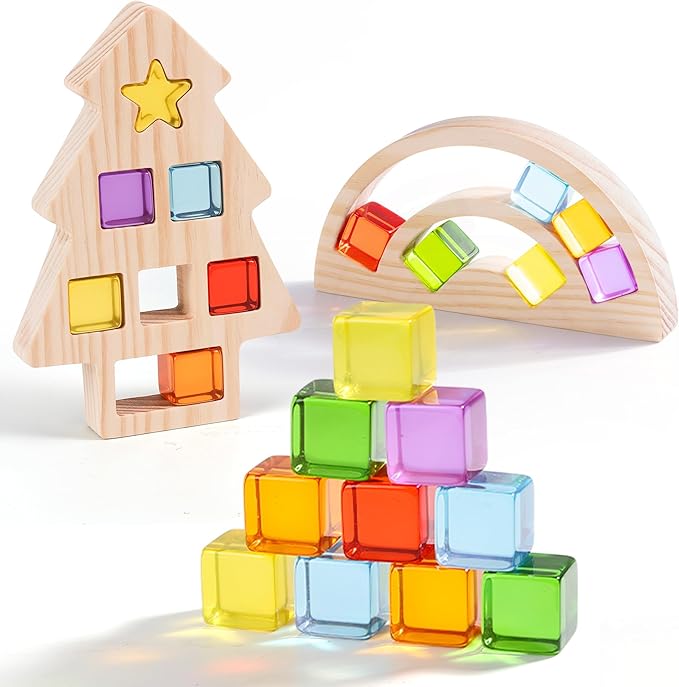 Woodtoe Wooden Building Blocks Set for Kids, Rainbow & Tree Wood Frame - 24 PCS Acrylic Gem Cubes Stacking Blocks, Montessori Stacking Toys, Educational Birthday Toys Gift for Toddlers 3-6