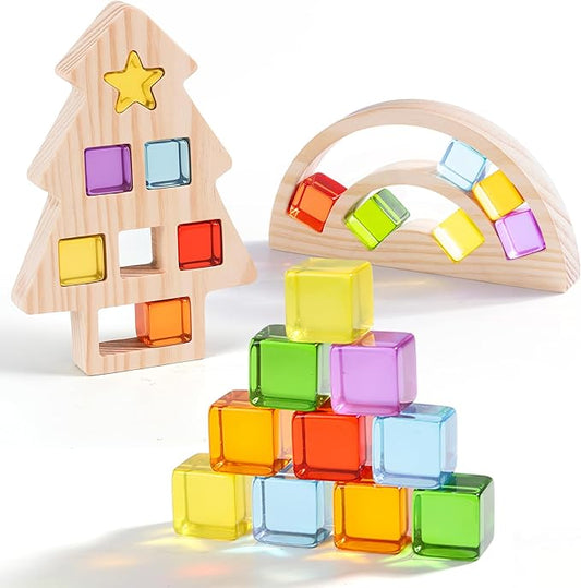 Woodtoe Wooden Building Blocks Set for Kids, Rainbow & Tree Wood Frame - 24 PCS Acrylic Gem Cubes Stacking Blocks, Montessori Stacking Toys, Educational Birthday Toys Gift for Toddlers 3-6