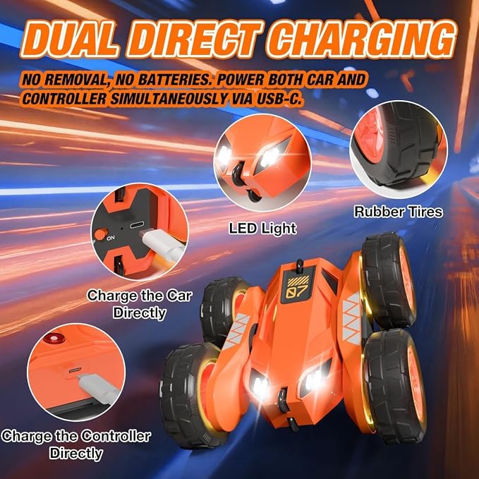 Remote Control Car, Rechargeable RC Cars & Remote 360° Flips Rotating 2.4Ghz 4WD All Terrain Stunt Race Car Toy Christmas Birthday Gift for Kids Boys 3-12