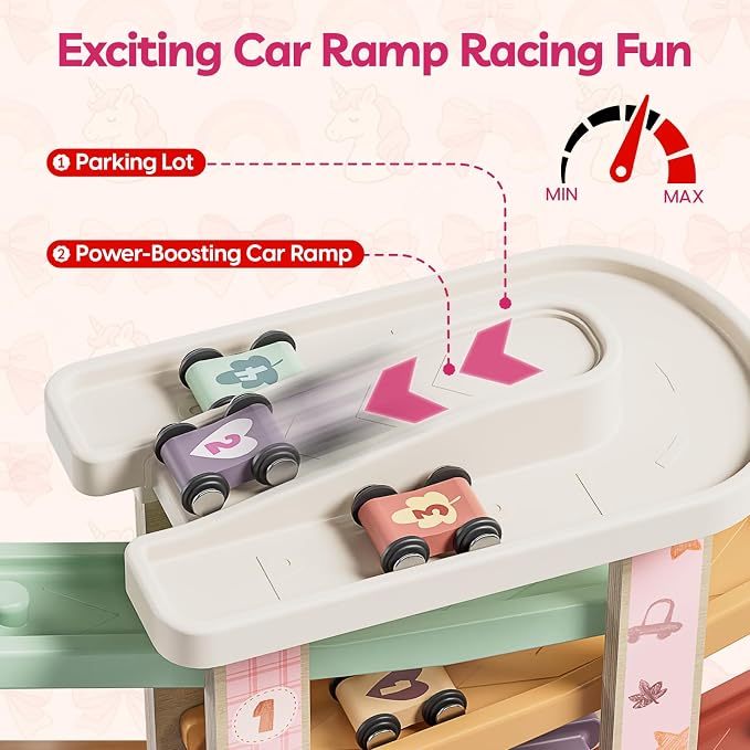 TOP BRIGHT Toddler Toys for 1 Year Old Girl Gifts, Wooden Car Ramp Race Track Set, Car Toys for Toddlers with 4 Cars and a Garage, Montessori Toys for 2 Year Old Girl, Birthday Gift for Age 18+ Month