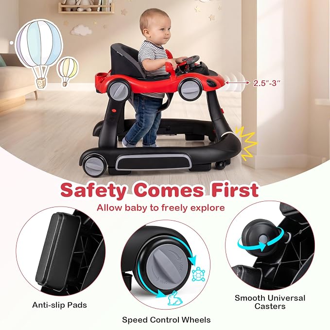 BABY JOY 7-in-1 Baby Walker, Foldable Baby Walker and Bouncer Combo with Handle, Adjustable Height & Speed, Music, Lights, Rocker/Push Mode, Baby Walker with Wheels for Boys Girls 7-18 Months (Red)