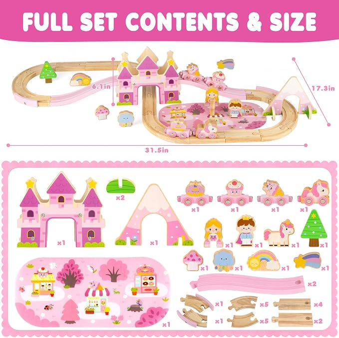 Wooden Train Set for Toddlers 3-5, 40PCS Pink Princess Castle Wooden Train Track Set with Fairies, Girl Toys Age 3-6 Birthday Gift for 3 4 5 Year Old Girls