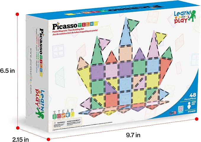 PicassoTiles 48PC Magnetic Tiles Pastel Building Construction Stacking Toy STEM Montessori Educational Magnet Tile Sensory Learning Playset For Toddlers Preschool Elementary Boys Girls Ages 3+ PTJ48JN