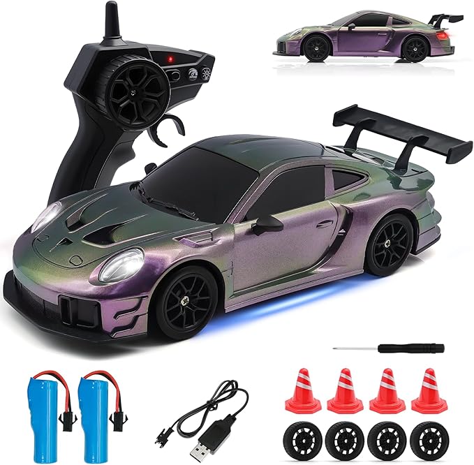RC Drift Car, 1:24 4WD Remote Control Cars Vehicle with LED Light,2.4GHz 20KM/H High Speed RC Cars with Two Batteries & Drifting Tires Racing Sport Toy for Adults Boys Girls Kids