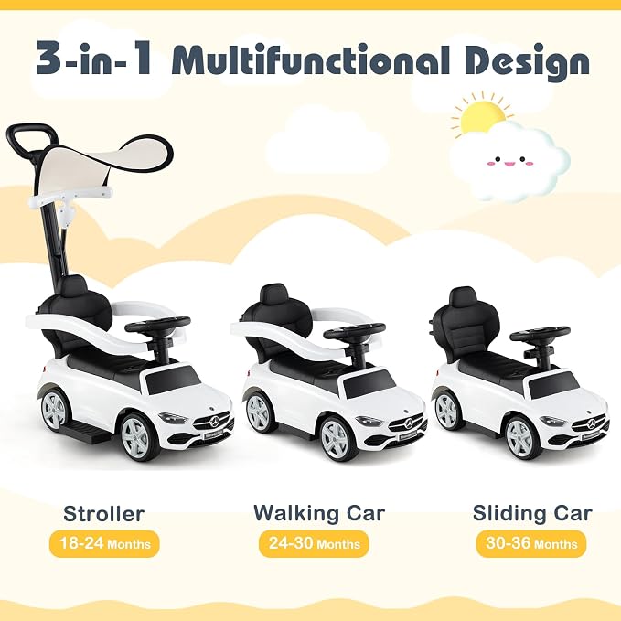Costzon Push Car for Toddlers, 3 in 1 Mercedes Benz Stroller Sliding Walking Car w/Canopy, Handle, Safety Bar, Horn Sound, Underneath Storage, Foot-to-Floor Ride On Toy for Boys & Girls, White