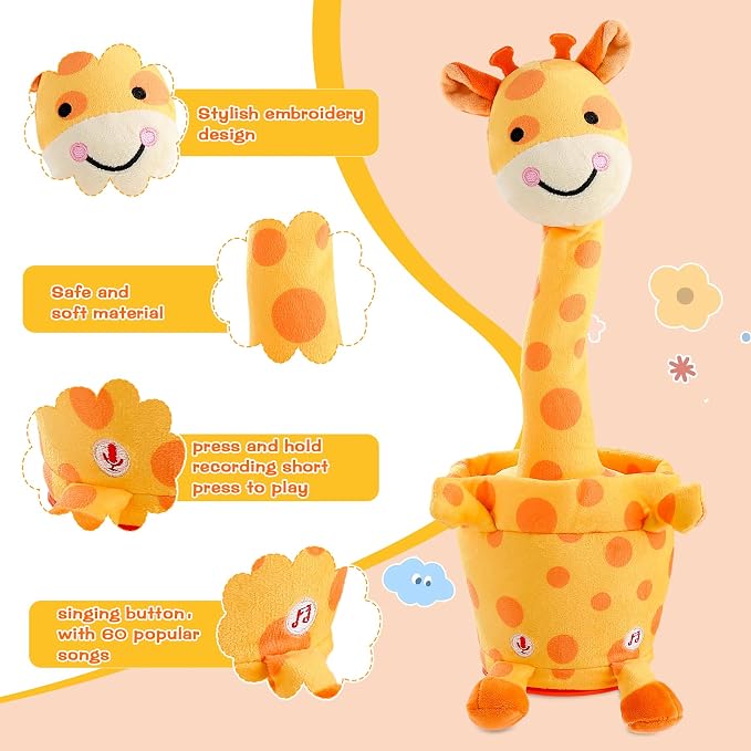 Dancing Talking Giraffe Toy, Stuffed Animal Baby Toy Repeating What You Say, Glowing Musical Giraffe Gifts for Toddlers 1-3 Years Old, for Kids (Smiling Giraffe)