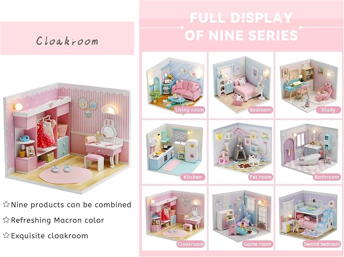 Kisoy Dollhouse Miniature with Furniture Kit, DIY 3D Wooden DIY House Kit A Corner of a Small Apartment Style with Dust Cover & LED,Handmade Tiny House Toys for Adults Gift（Cloak Room）