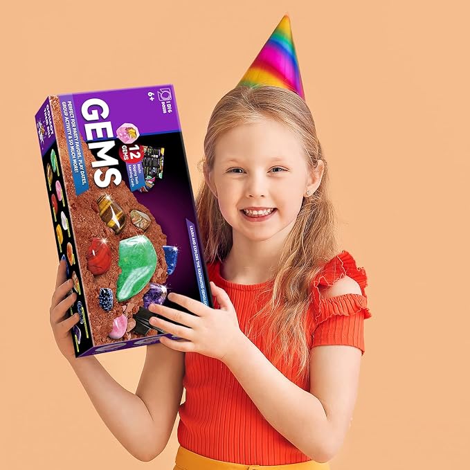Gemstone Dig Kit, Dig Up 12 Real Gems for Kids,Gem Dig Kit with Tools & Learning Cards,Educational Geology Kit for Boys Girls Ages 6+