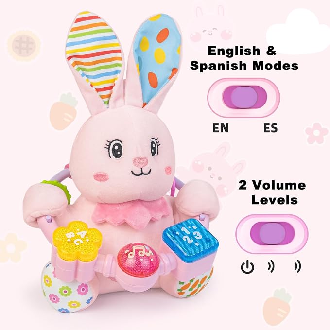 Ryotagift Baby Bilingual Musical Rabbit Stuffed Animals Toys,Infant Early Learning Toy with Light-Up Music & Crinkle,Tummy Time Toys for 0 3 6 9 12+ Months for Baby Boy Girl Easter Gift,Pink