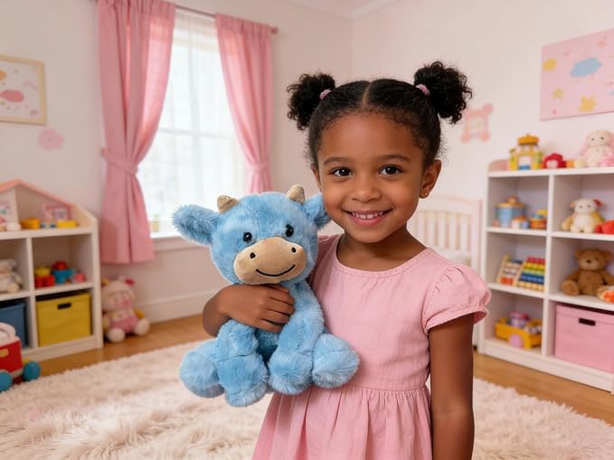 YUKOUQIAN Cute Cow Plush Stuffed Animal Doll Toy 8 inch for Girls Boys (Siting Cow CAI Blue)