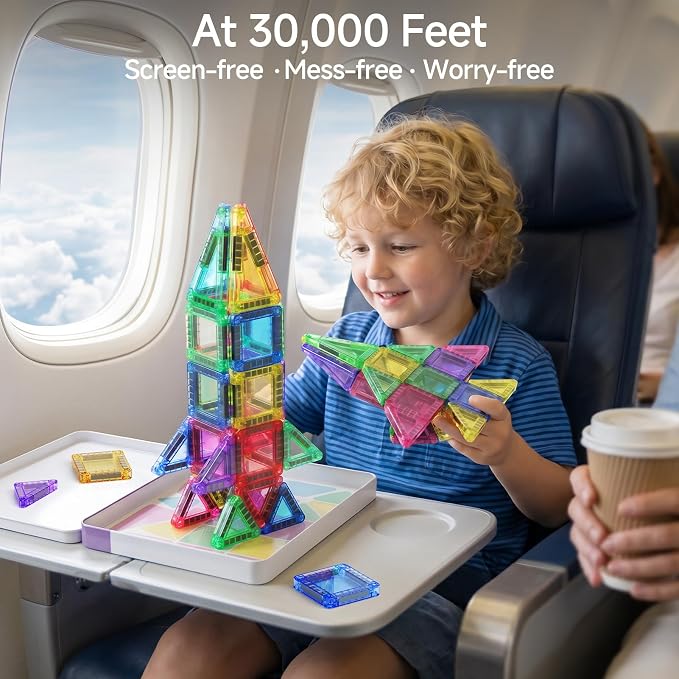 Magnetic Tiles for Kids Travel: 40pcs Portable Mini Building Toy - 30-Sec Iron Case Opens Into 10.6-Inch Play Board - STEM Gift for Toddlers Ages 3-6 - Airplane Road Trip Restaurant