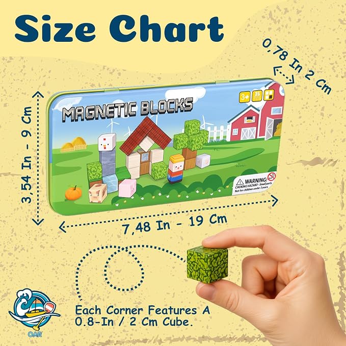 OAR Magnetic Blocks for Kids Ages 3-8 – 35 PCS Mini Magnetic Cubes Farm Animal Building Set, Travel Toy with Portable Iron Box, STEM Magnetic Tiles Gift for Toddlers, Boys & Girls