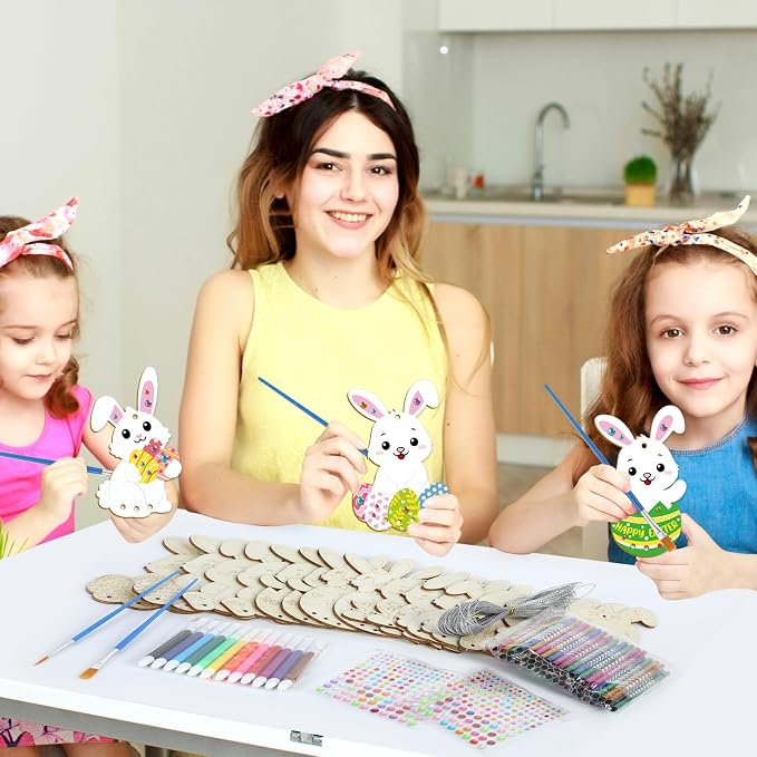 gisgfim 16 Pack Easter Bunny Wind Chime Kits Easter Crafts for Make Your Own Easter Rabbit Wind Chime Wooden DIY Art and Crafts for Spring Party Hanging Decoration Supplies Birthday Favor
