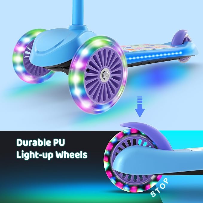 TONBUX Kids Scooter for Ages 3-5, Toddler Scooter with Light-Up Deck and Wheels, Adjustable 4-Level Height 3-Wheel Scooters for Kids, Lean-to-Steer Design