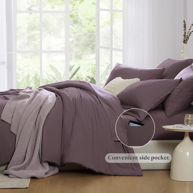 WRENSONGE California King Size Comforter Set- 7 Pieces Artic Plum Bed in a Bag with Comforter, Fitted Sheet, Flat Sheet, 2 Pillow Shams, 2 Pillowcases, Warm Bedding Sets for All Season