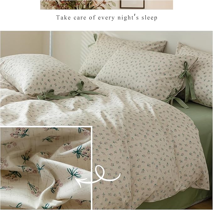 LifeTB Full Comforter Set Vintage Green Floral Bedding Comforter Boho Flower Cottagecore Comforter with 2 Bow Ties Pillowcases Fluffy Lightweight Bedding Farmhouse Botanical Comforter Set