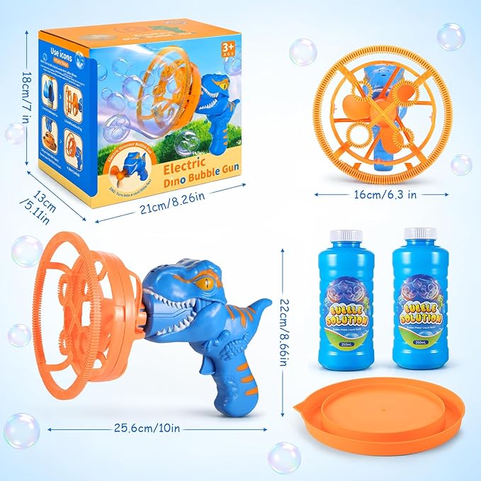 Dinosaur Shaped Bubble Gun for Kids - Blows Over 1000 Bubbles per Minute & Creates Giant Bubbles, Birthday, Christmas & Easter Gift for Boys & Girls Ages 3-9 (Blue)