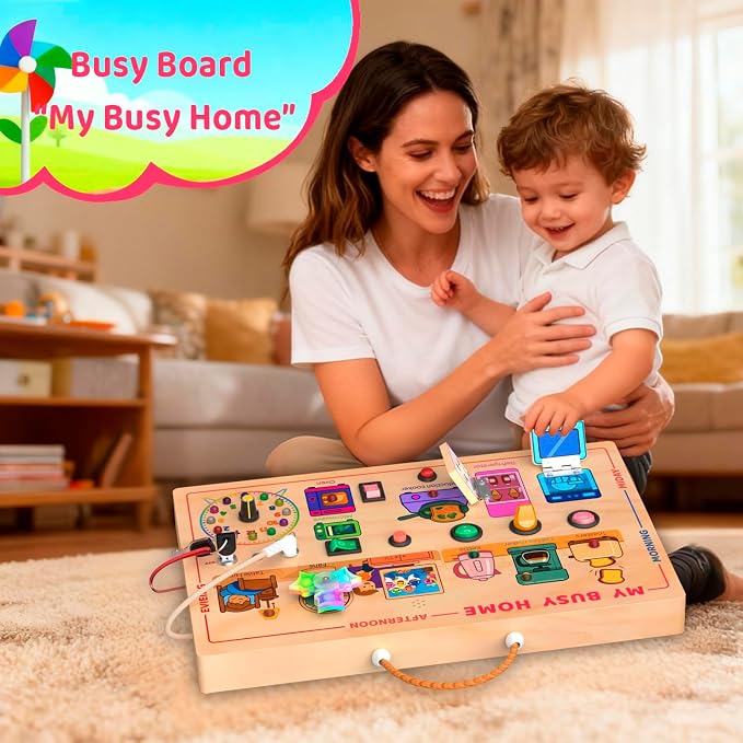 UdoUto My Busy Home Montessori Busy Board for Toddlers 1-3 - Wooden Sensory Activity Board with Kitchen Appliances, Switches, Clock | Educational Fine Motor Skill Toy for 1+ Year Old Girls