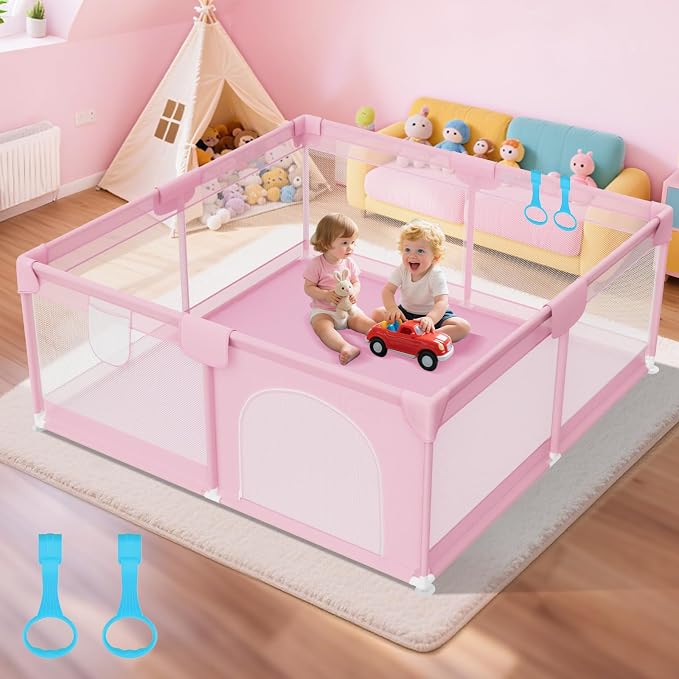 Pink Baby Playpen for Girls - 64"x64" Large Playard with Anti-Collision Soft Corners Sturdy Safety Play Yard for Babies and Toddlers Indoor Infant Activity Center with Non-Slip Suckers