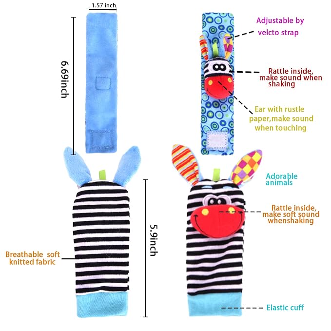 PADONISE Wrist Rattle Foot Finder Socks Set for Baby Arm Hand Rattle Feet Leg Ankle Socks Newborn Soft Sensory Toys Baby Socks Newborn Rattles Toys Valentines Gift 0-3 6-12 Months Infant Girl Boy