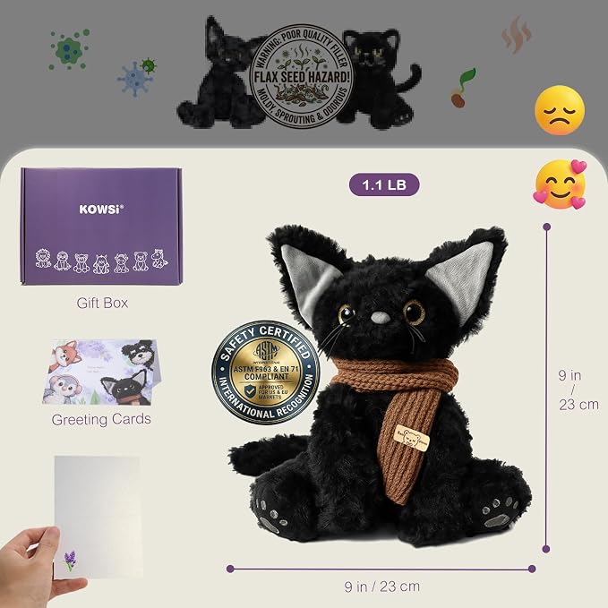 KOWSI® Microwavable Heating Pad Black Cat Plush - Weighted Stuffed Animal Toy with Tourmaline Beads & Lavender - 1.1 lb for Long Lasting Cozy Warmth & Relaxation - Includes Gift Box & Greeting Card