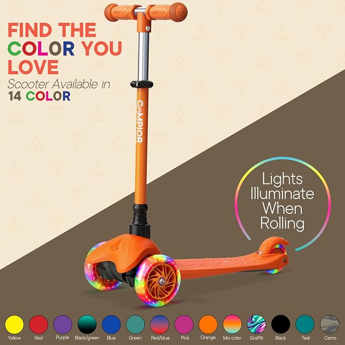 Orange Mini 3 Wheel Scooter for Kids – Lean-to-Steer with LED Light-Up Wheels, Adjustable Handlebar, Wide Anti-Slip Deck, Smooth PU Wheels, Rear Foot Brake – Toddler Scooter for Ages 2+