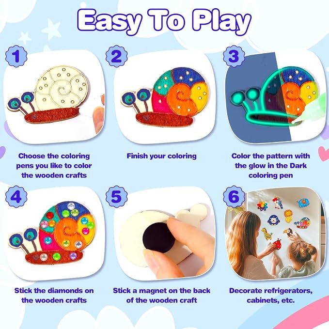 EAPHANT Kids Crafts, 15 PCS Kids Activities Arts and Crafts Painting Kits, Glow in The Dark Wooden Magnets to Paint