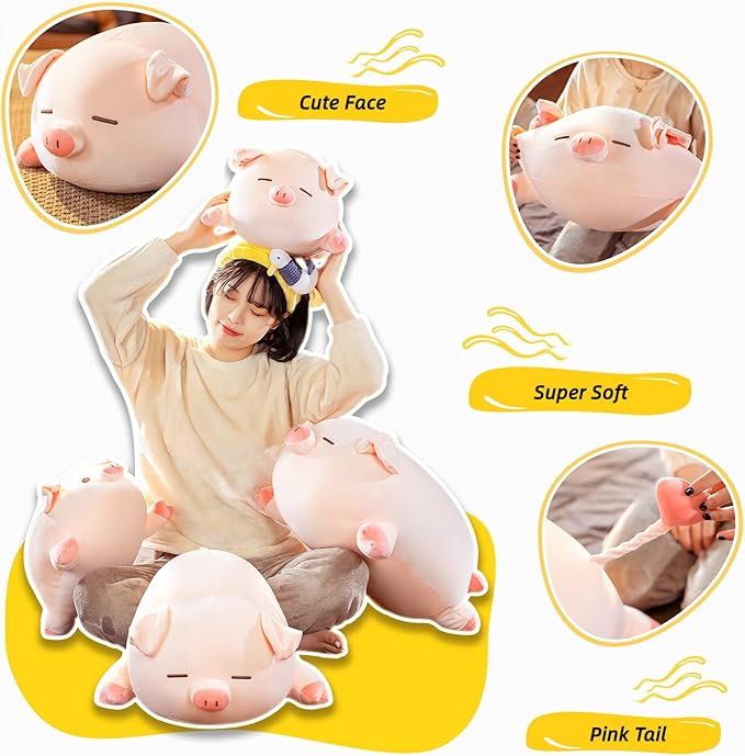 Pig Stuffed Animal Plush Pillow - 15.7'' Cute Kawaii Pink Pig Hugging Pillow, Soft Cuddle Plush Toy, Adorable Birthday Gift for Girls and Girlfriend (Round Eyes, 15.7in)